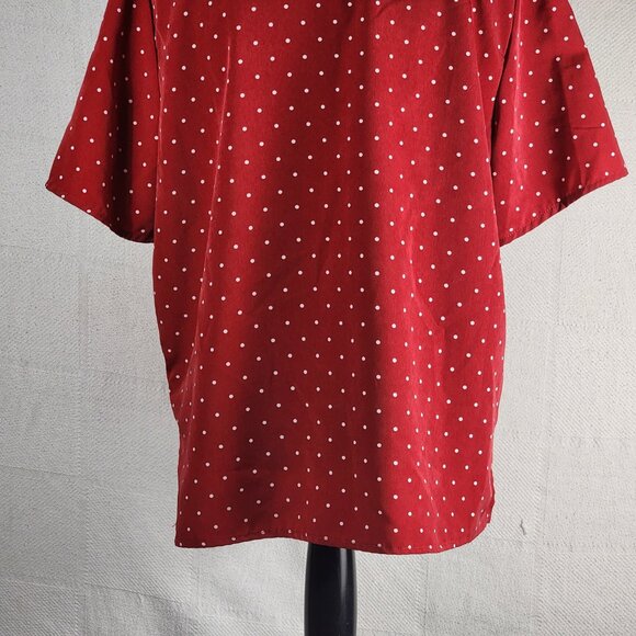 Kathie Lee Collection Vtg Brick Red White Polka Dot Poly Button Up SS Top Sz XL - Picture 13 of 16